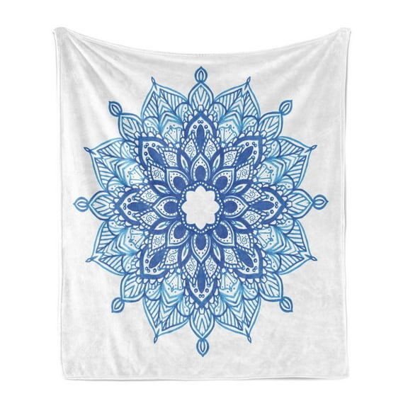 Blue Mandala Soft Flannel Fleece Throw Blanket, Pointy Petals Ornament Ethnic Floral on Plain Background, Cozy Plush for Indoor and Outdoor Use, 70" x 90", Azure Blue Deep Sky Blue, by Ambesonne
