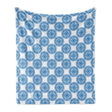 Blue Mandala Soft Flannel Fleece Throw Blanket, Repetitive Oriental Floral Motifs Illustration on Plain Background, Cozy Plush for Indoor and Outdoor Use, 50" x 70", Sea Blue and White, by Ambesonne