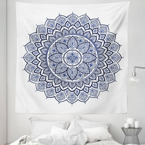 Blue Mandala Tapestry, Detailed Intricate Meditative Floral Inspired Circular Motif Pattern, Fabric Wall Hanging Decor for Bedroom Living Room Dorm, 5 Sizes, Night Blue and White, by Ambesonne
