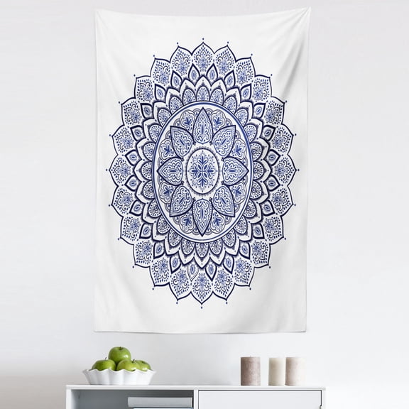 Blue Mandala Tapestry, Detailed Intricate Meditative Floral Inspired Circular Motif Pattern, Fabric Wall Hanging Decor for Bedroom Living Room Dorm, 5 Sizes, Night Blue and White, by Ambesonne