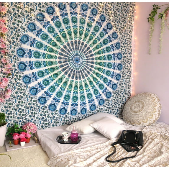 Blue Mandala Tapestry Indian Wall Hanging Decor Bohemian Hippie Queen Bedspread Throw Peacock Tapestries Online