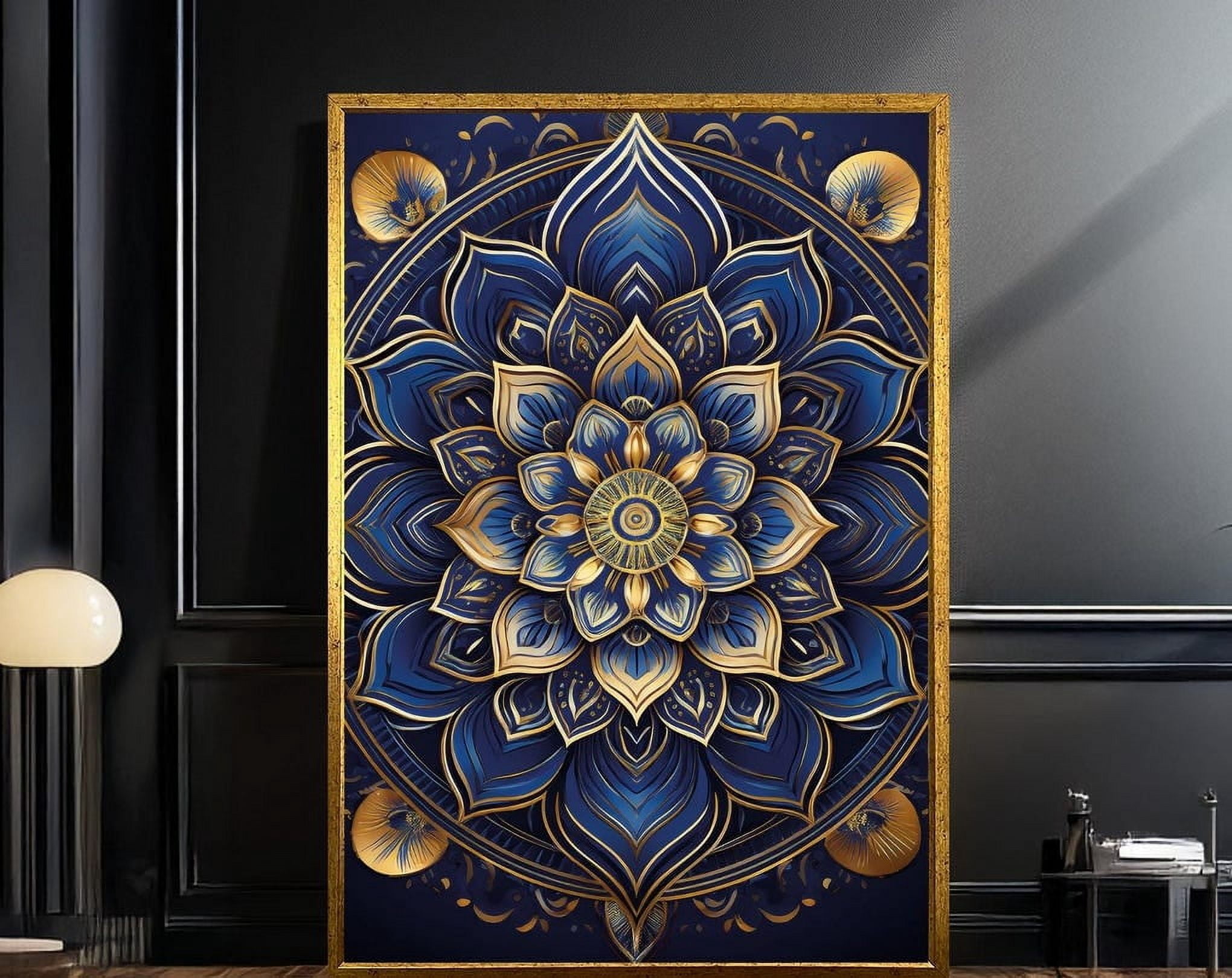 Blue Mandala Wall Art – Boho Gold Sacred Geometry Print, Framed Option ...