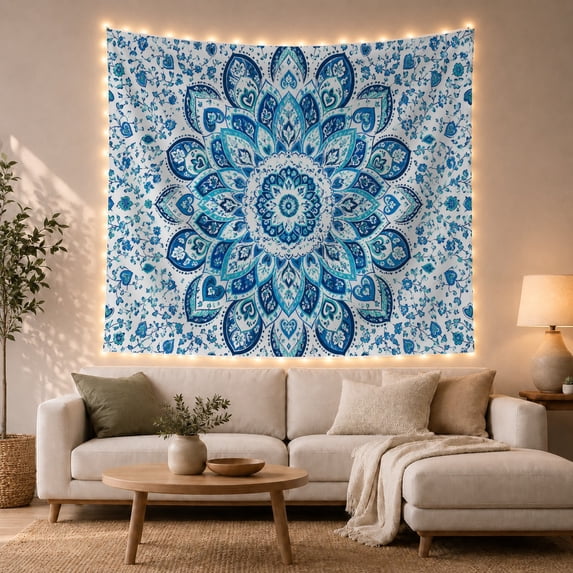 Blue Mandala on White with All-Over Floral Scrollwork, Serene Watercolor for Boho Decor Lovers, Symmetrical Pattern Wall Art, Housewarming Gift Tapestry Wall Hanging for Bedroom and Living Room