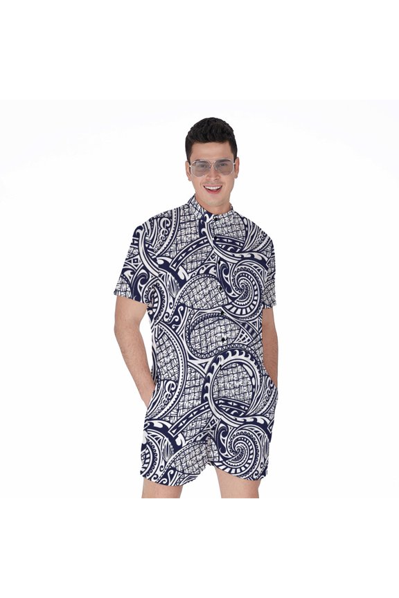 Blue Maori Polynesian Tribal Short Sleeve Men'S Rompers, Polynesian Maori Traditional Casual Summer Jumpsuits Outfit