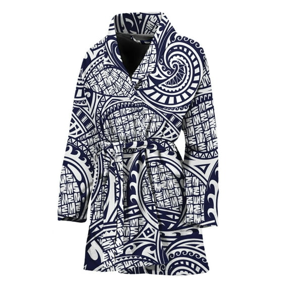 Blue Maori Polynesian Tribal Women Bathrobe One Size Univeral Fits, Polynesian Maori Traditional Fashion Lightweight Plush Fleece Long Robe For Women