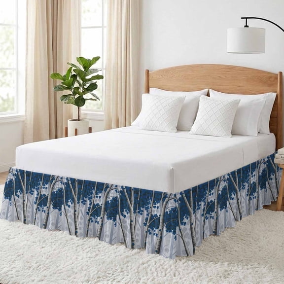 Blue Maple Leaf Bed Skirt California King Size 16 Inch Drop, Fall Gray Tree Shadow Branch Nature Adjustable Elastic Dust Ruffles Bedskirt Wrap Around Pleated Mattress Frame Cover