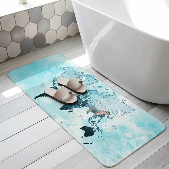 Blue Maps Bathroom Runner Rugs Non Slip Washable Absorbent Narrow Long Bath Mat Abstract World Map Ocean Modern Runner Rugs for Kitchen Hallway Bedroom Laundry Study Room 15.7"x47.2"