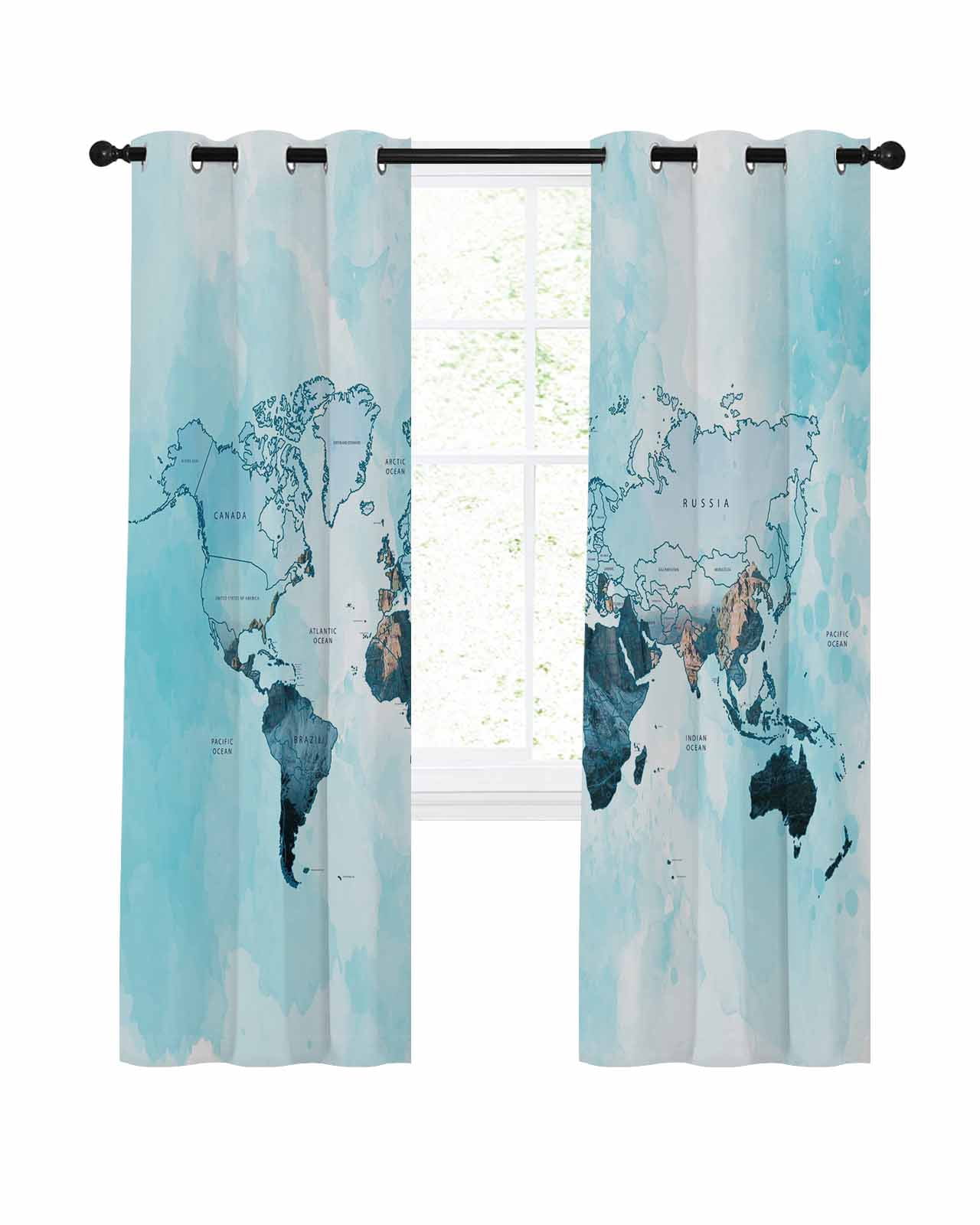 Blue Maps Blackout Curtains, Light Blocking Print Window Curtains ...