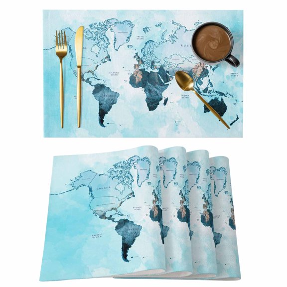 Blue Maps Placemats Set of 8 Abstract World Map Ocean Modern Place Mats Indoor Wipeable Table Mats Washable Cloth Dining Table Placemats for Kitchen Holiday Party Home Decor 13x19 Inch