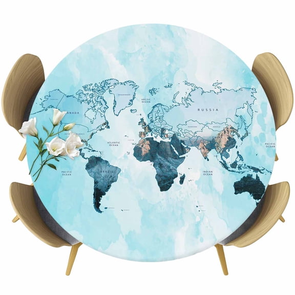 Blue Maps Round Tablecloth, Fitted Table Cover with Elastic for 45"-54" Round Tables, Abstract World Map Ocean Modern Table Cloth Outdoor Indoor Dinning Party Waterproof Tablecloths