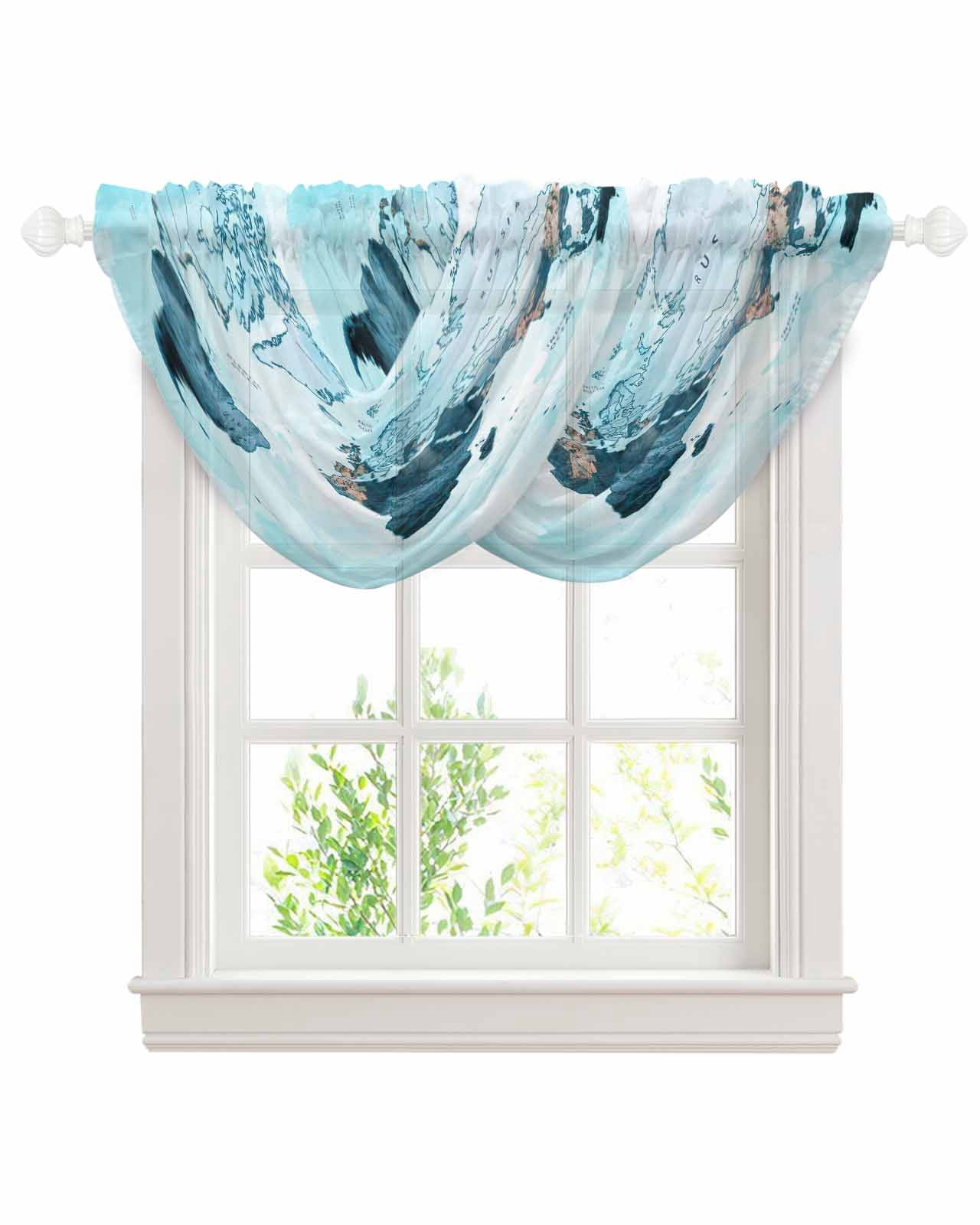 Window Map Rod Blue Maps Sheer Waterfall Valance Curtains for Window, Abstract World ...