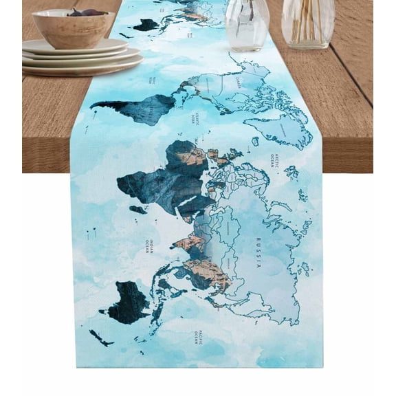 Blue Maps Table Runner 48 Inches, Abstract World Map Ocean Modern Bed Runner Dresser Scarves Tabletop for Indoor Outdoor Parties/Ceremony/Banquet, 13" x 48"