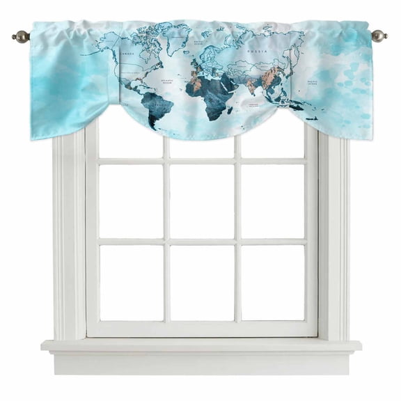 Blue Maps Tie Up Valance Curtains for Windows, Kitchen Curtains Window Treatments, Abstract World Map Ocean Modern Short Window Shades Valances for Bedroom Bathroom Cafe 42"x12"