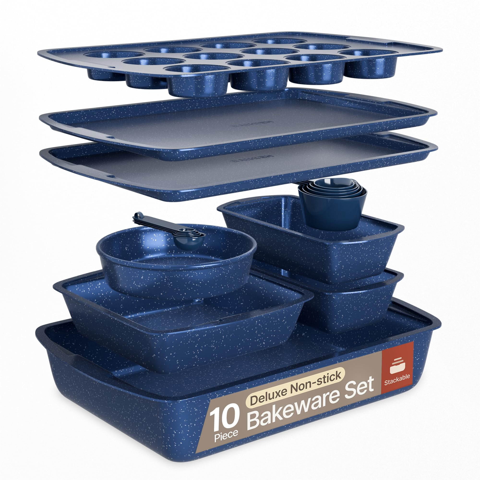 Bakken- Swiss 10-Piece Bakeware Sets, Nonstick Carbon Steel Baking Sheet & Pans, Stackable Space-Saving Bakeware, Stain-resistant, Oven Safe (up to 450°F), Blue Marble