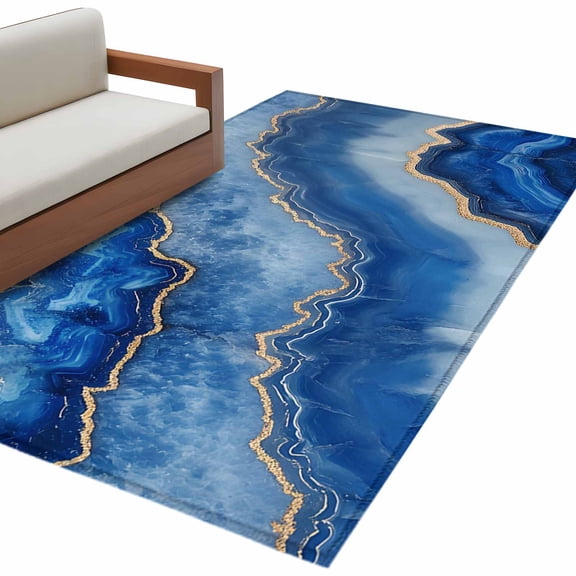 Blue Marble 3'x5' Washable Rug, Modern Luxury Granite Surface Motif Sketch Non-Slip Area Rugs for Entryway Kitchen Classroom, Dorm Throw Carpet, Low Pile Soft Indoor Floor Mat