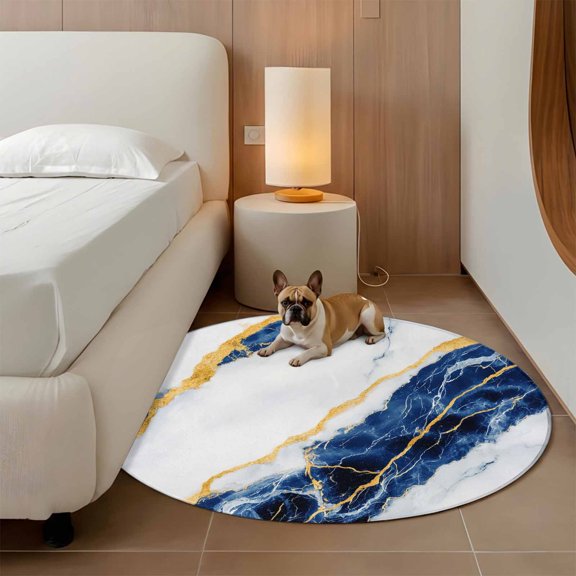 Blue Marble 3ft Round Rug for Bathroom Accent Bedside Corner, Abstract Retro Washable Non Slip Circle Area Rug for Small Spaces