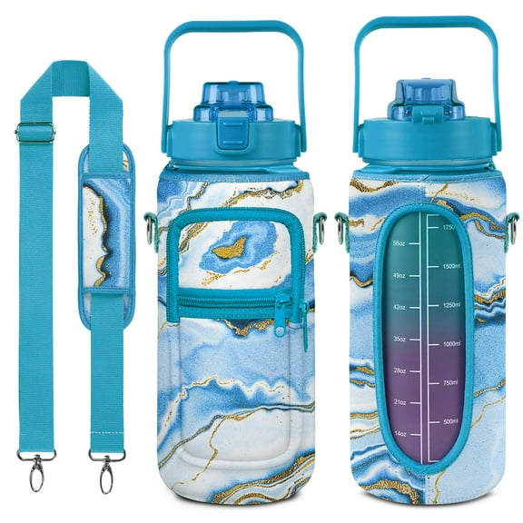 Blue Marble 64 Oz Water Bottle with Sleeve - BPA Free Leakproof Sport Large Plastic Water Bottle with Straw & Time Marker & Insulated Neoprene Holder Carrier Bag Great Gift for Women Men