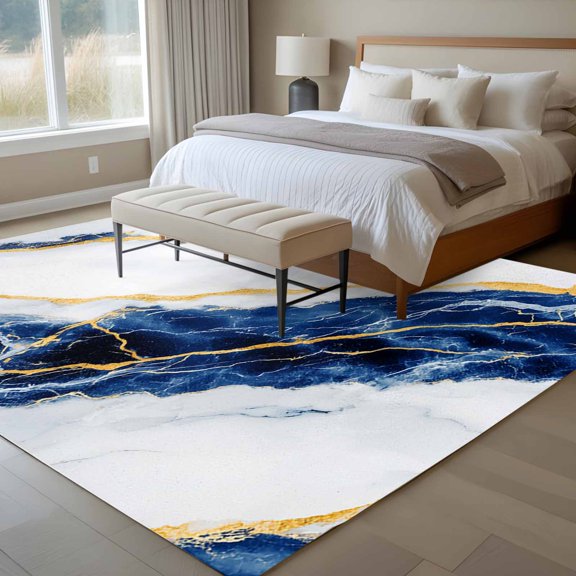 Blue Marble 6x9 Rug for Dining Room Table and Chair Setup, Abstract Retro Low Pile Washable Non Slip Rectangle Area Rug