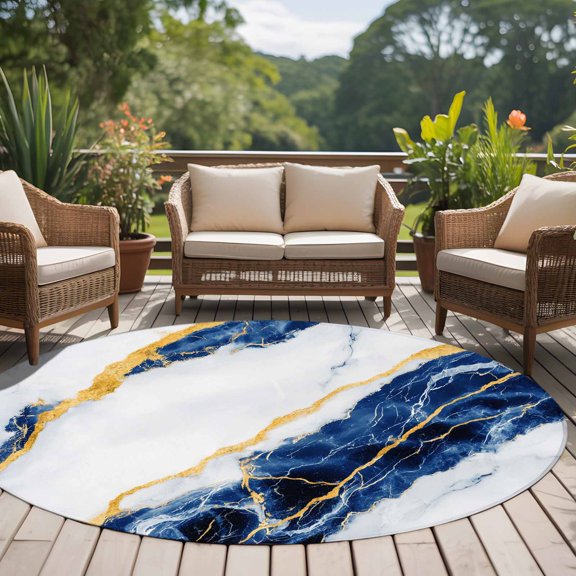 Blue Marble 8ft Round Rug for Open Concept Living Room Seating Zone, Abstract Retro Washable Non Slip Large Circle Area Rug