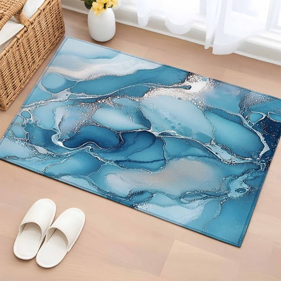 Blue Marble Abstract Bathroom Rug Washable 2x3 Entryway Rug Non Slip Modern Contemporary Aesthetics Front Door Mat Low Pile Indoor Doormat Throw Floor Carpet for Kitchen Bedroom Entrance