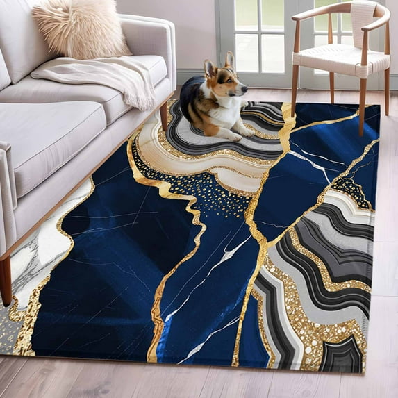 Blue Marble Area Rug 3x5 Washable Rug Non Slip Grey Gold Texture Vintage Farmhouse Art Large Area Rug Indoor Floor Carpet for Entryway Bedroom Kitchen Living Room Home Office Dining Room Nursery