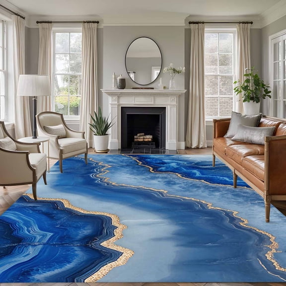 Blue Marble Area Rug 6x9 FT, Non Slip Living Room Throw Carpet, Modern Luxury Granite Surface Motif Sketch Washable Soft Large Floor Carpet Non-Shedding Rug for Bedroom Dining Room Play Room