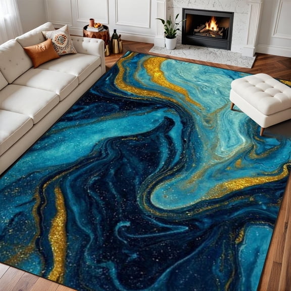 Blue Marble Area Rug, Abstract Agate Texture Pattern Carpet, Washable Non Slip Low Pile Soft Thin, Living Room Bedroom Dining Office Home Decor Mat 2x3ft