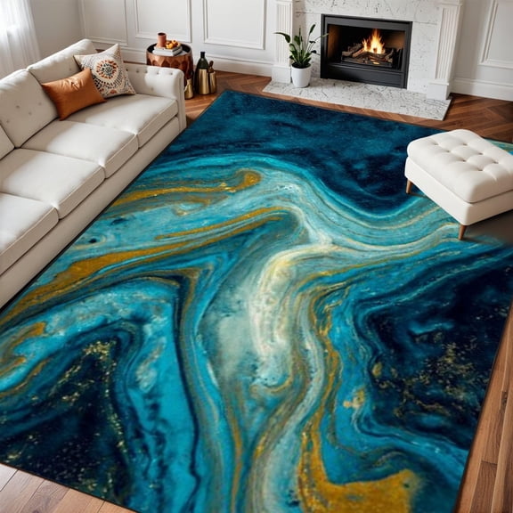 Blue Marble Area Rug, Abstract Agate Texture Pattern Carpet, Washable Non Slip Low Pile Soft Thin, Living Room Bedroom Dining Office Home Decor Mat 2x3ft