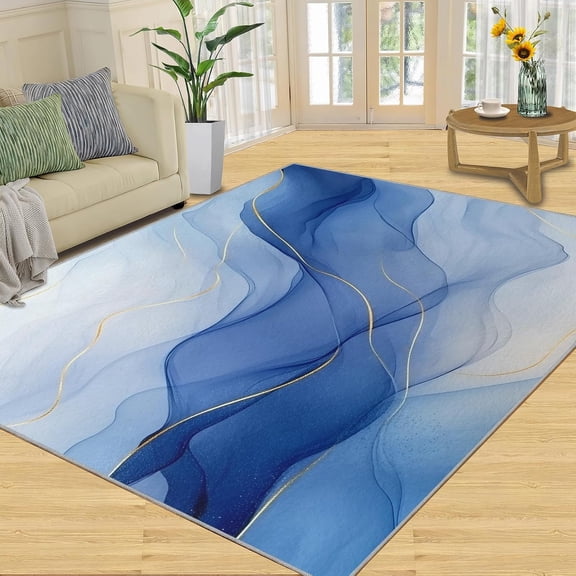 Blue Marble Area Rug, Geometric Modern Washable Rug, Soft Non Slip Low Pile Carpet for Living Room Bedroom Home Decor 2x3ft
