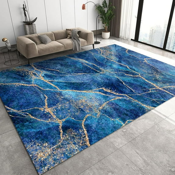 Blue Marble Area Rugs, Gold The Lines Bathroom Rugs, Lounge Rug Easy to Clean Fine Fluff Easy Care Apply to Playroom Cafe Office Door Mats Porch 4x6ft