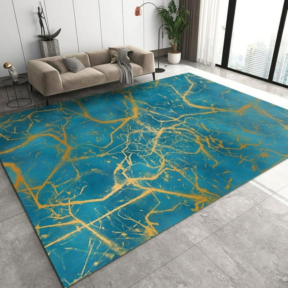 Blue Marble Area Rugs, Golden Abstract Stone Grain Texture Apartment Carpet, Modern Home Decor Non-slip Backing Machine Washable Rug for Living Room Bedroom Apartment Mats 2'x3'