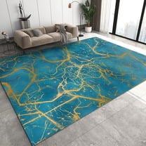 Blue Marble Area Rugs, Golden Abstract Stone Grain Texture Apartment Carpet, Modern Home Decor Non-slip Backing Machine Washable Rug for Living Room Bedroom Apartment Mats 2'x3'
