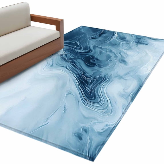 Blue Marble Area Rug 4x6ft Modern Abstract Art Cloud Beach Wave Lines Stripe Non-Slip Washable Square Rugs Soft Felt Indoor Floor Mat for Bedroom Kitchen Living Room Bathroom