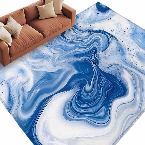 Blue Marble Area Rug 6x9ft Modern Abstract Art Beach Wave Lines Stripe Non-Slip Washable Square Rugs Soft Felt Indoor Floor Mat for Bedroom Kitchen Living Room Bathroom