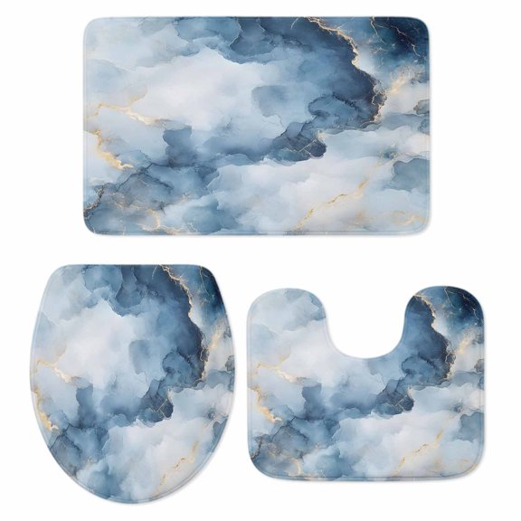 Blue Marble Bath Mat 3 Piece Bathroom Rug Set, Modern Abstract Art Ink Painted Non Slip Bath Rug Contour Mat and Toilet Lid Cover, Absorbent Shower Mats Soft Bath Rugs and Mats Sets