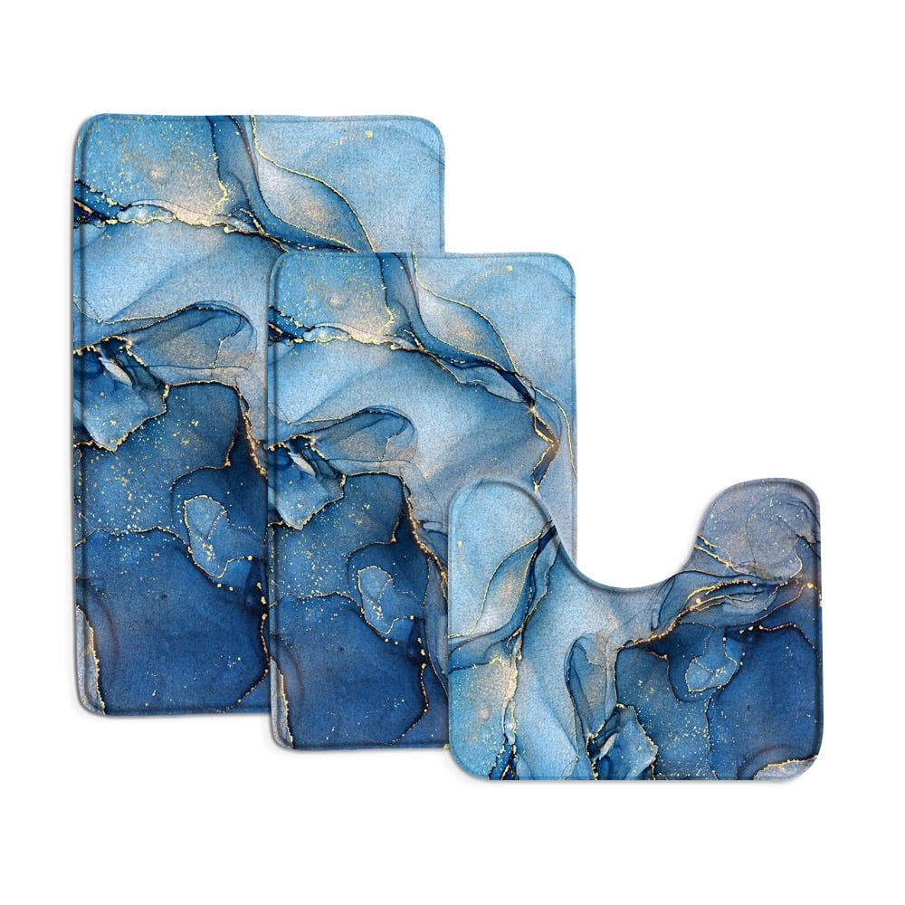 Blue Marble Bath Mat Set Abstract Textured Pattern Gold Lines Geometric