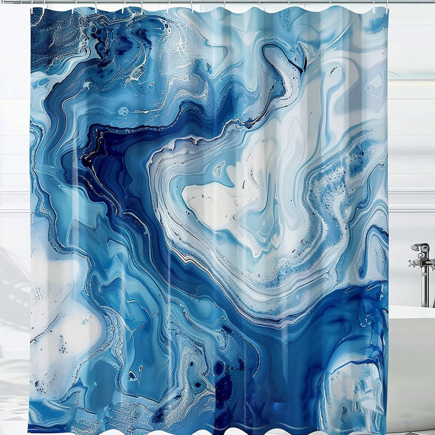 Blue Marble Bathroom Decor Set with Abstract Print and Shower Curtain