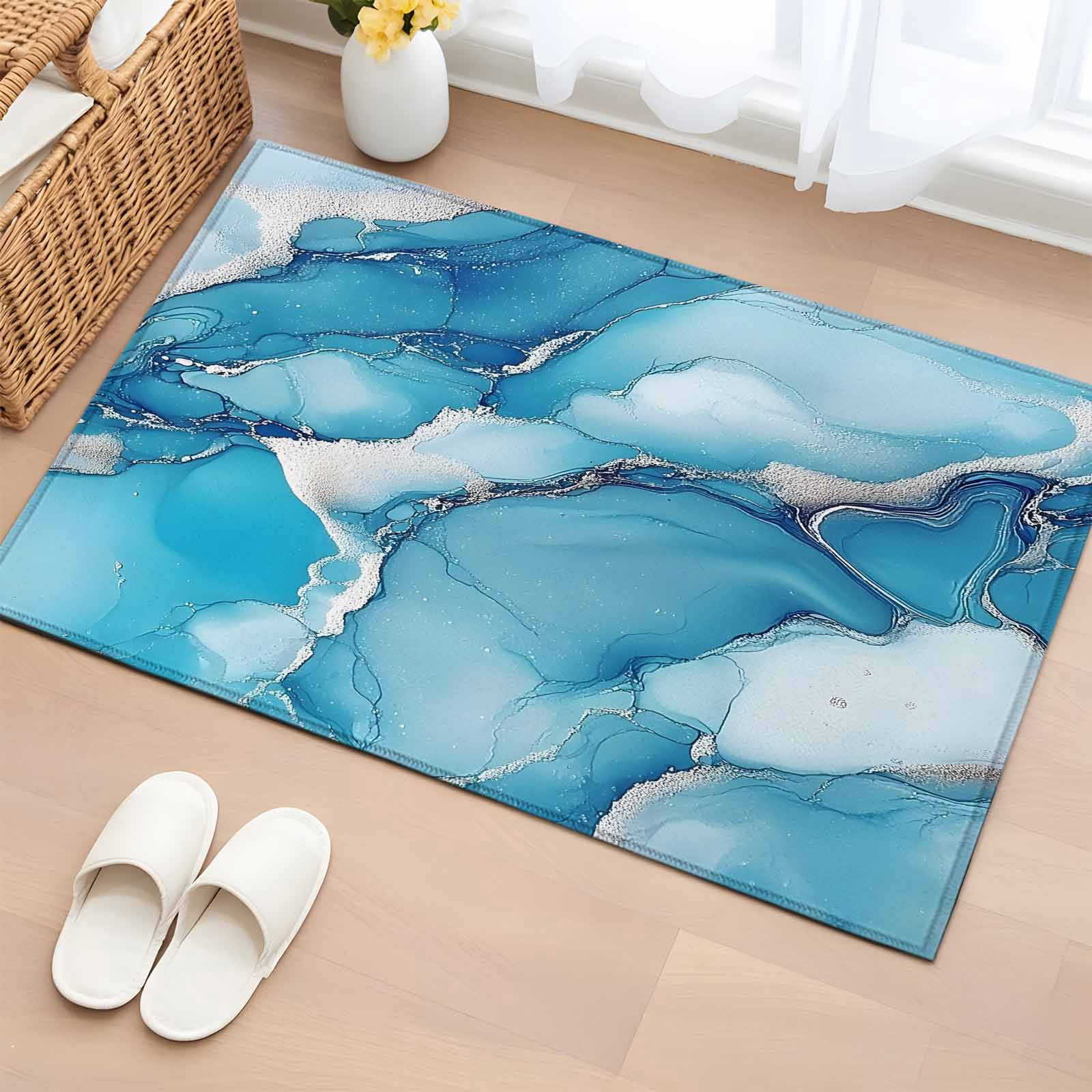 Blue Marble Bathroom Rug Washable 2x3 Entryway Rug Non Slip ...