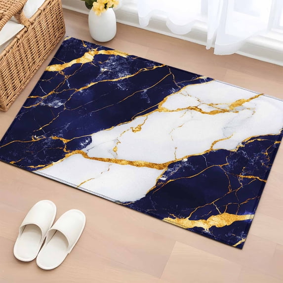 Blue Marble Bathroom Rug Washable 2x3 Entryway Rug Non Slip Luxury Gold ...