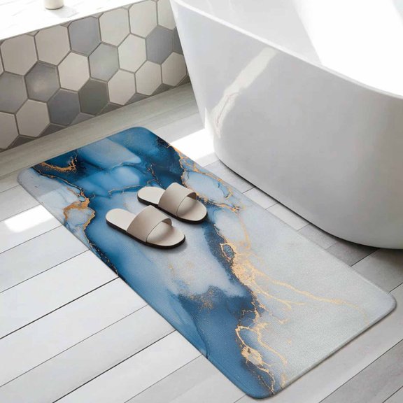 Blue Marble Bathroom Runner Rugs Non Slip Washable Absorbent Narrow Long Bath Mat Modern Gray Golden Abstract Gradient Art Runner Rugs for Kitchen Hallway Bedroom Laundry Study Room 19.7"x63"
