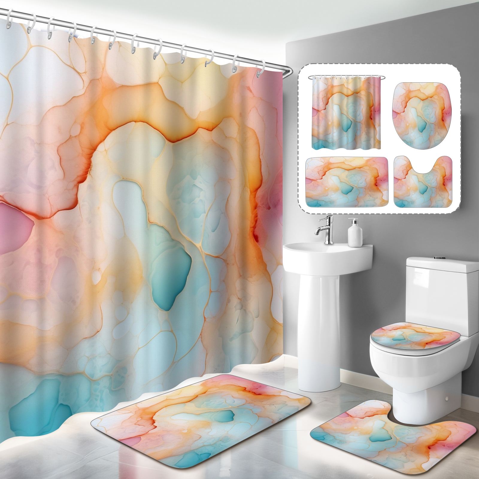 Blue Marble Bathroom Set with Shower Curtain and Rugs Accessories