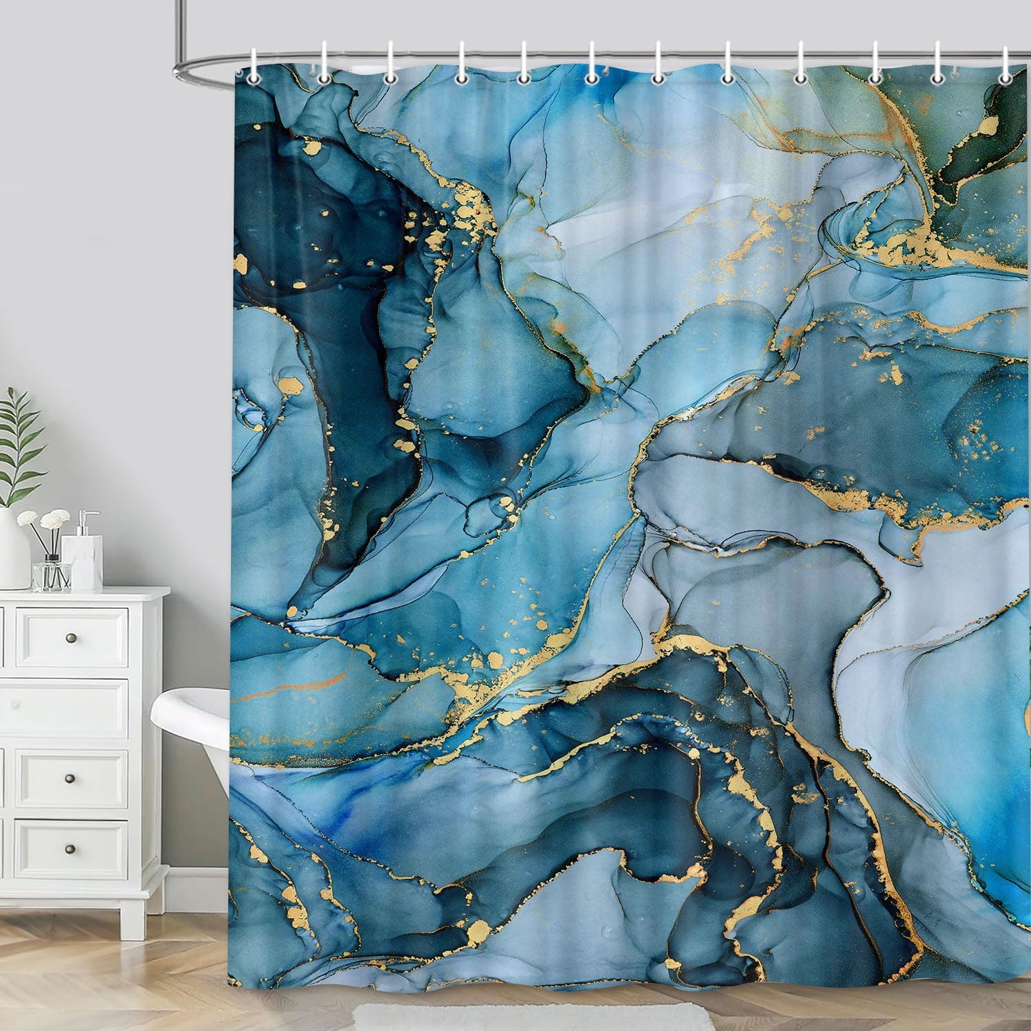 Blue Marble Bathroom Shower Curtain Set with Hooks 70X70in