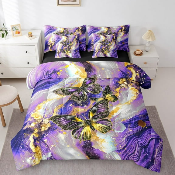 Blue Marble Bed in a Bag Queen Comforter Set 7 Piece Purple Butterfly Sheet Set,Gold Marbling Bedding Sets,Abstract Ombre Ink Fluid Art Bed Set Rustic Animal Butterflies Room Decor Aesthetic