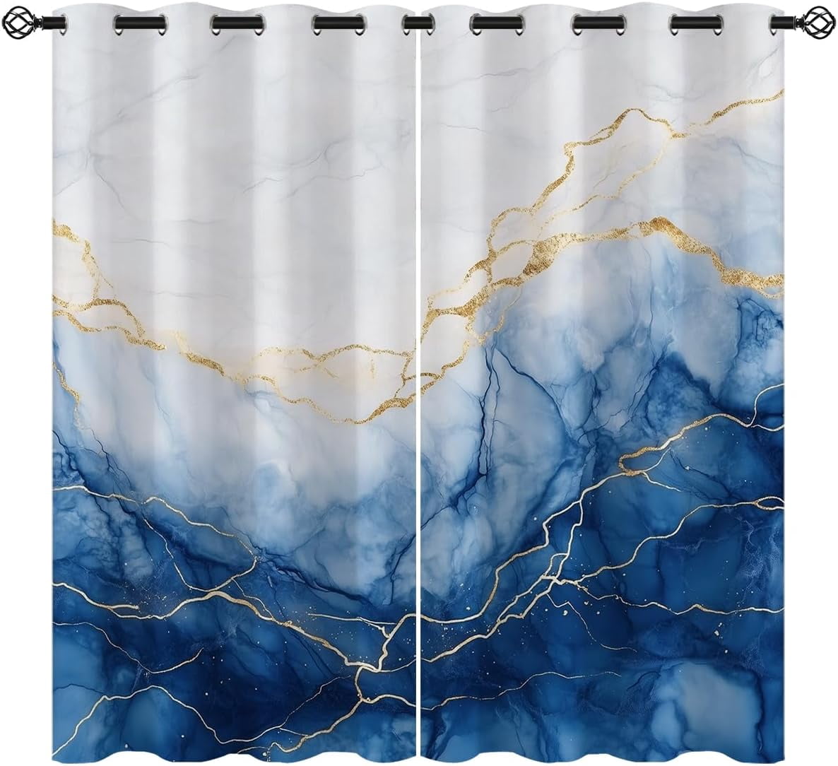 Blue Marble Blackout Curtains , Gold Line Abstract Fluid Art Texture ...