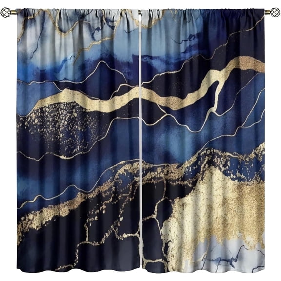 Blue Marble Blackout Window Curtains, Gold Black Navy Blue Marble Tie Dye Abstract Art Window Drapes, for Living Room Bedroom 72" W X 63" L