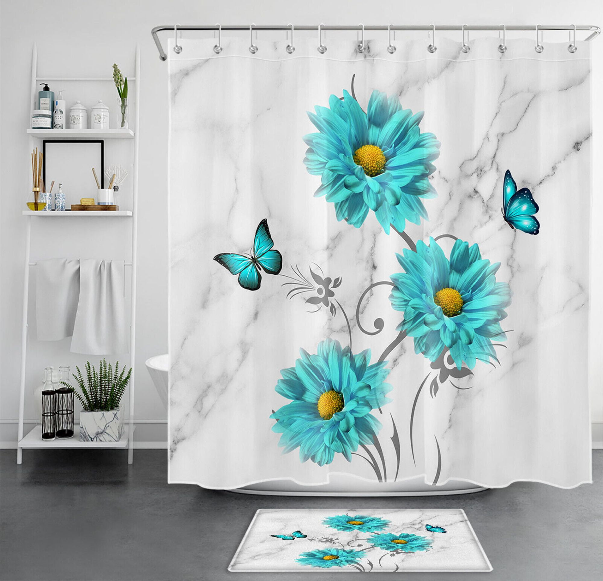 Blue Marble Butterfly Bathroom Set Elegant Shower Curtain
