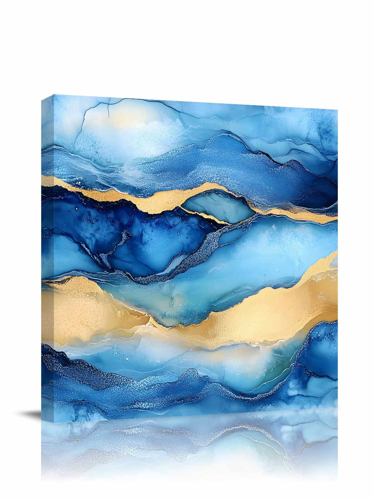 Blue Marble Canvas Wall Art, Abstract Ocean Waves Gold Stripes Modern Framed Wall Decor Modern Artwork Prints Painting for Living Room, Bedroom, Kitchen & Cafe Decor 20x20 Inch