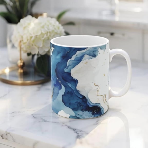 Blue Marble Coffee Mug Elegant Watercolor Ceramic Drinkware.