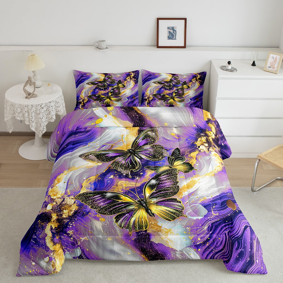 Blue Marble Comforter Set Purple Butterfly Down Comforter,Gold Marbling ...