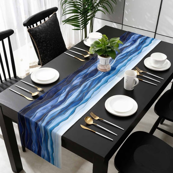 Blue Marble Cotton Linen Small Table Runner 13 x 60 inch Abstract Wave Lines Crack Gradient Non-slip Rectangular Dining Table Decor for Wedding Party Holiday Dinner